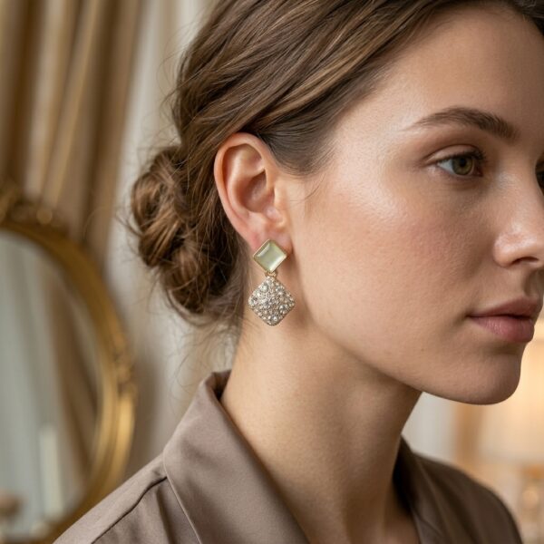 Gold Opal & Crystal Pavé Square Drop Stud Earrings