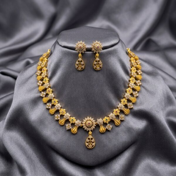 Gold-tone floral cluster necklace set with white stone detailing – SunShoppers UK