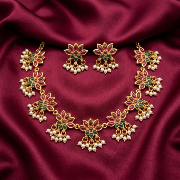 Gold-tone ruby and emerald floral necklace set with pearl-style drops – SunShoppers UK