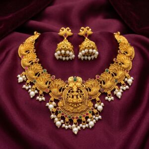 Antique gold-tone peacock and deity pendant necklace set with pearl fringe – SunShoppers UK