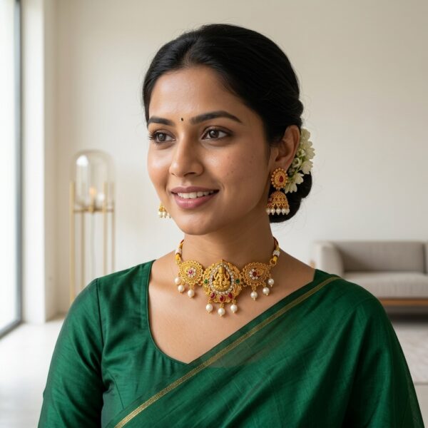 Gold-tone beaded choker necklace set with round pendant and jhumka earrings – SunShoppers UK
