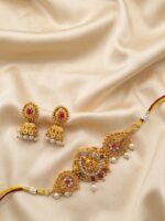 Gold-tone beaded choker necklace set with round pendant and jhumka earrings – SunShoppers UK