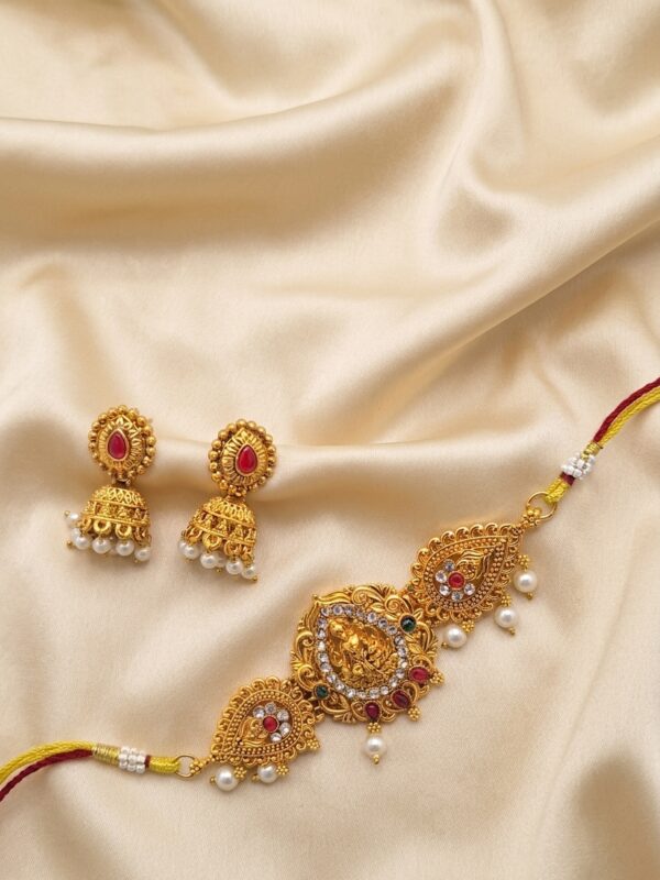 Gold-tone beaded choker necklace set with round pendant and jhumka earrings – SunShoppers UK