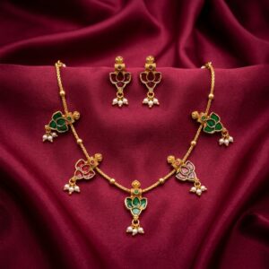 Antique Gold-Tone Meenakari-Style Lotus Motif Necklace Set with Pearl Drops