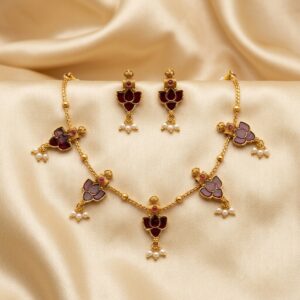 Antique Gold-Tone Meenakari-Style Lotus Motif Necklace Set with Pearl Drops