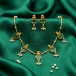 Antique Gold-Tone Meenakari-Style Lotus Motif Necklace Set with Pearl Drops