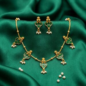 Antique Gold-Tone Meenakari-Style Lotus Motif Necklace Set with Pearl Drops