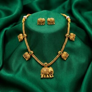 Antique Gold-Tone Elephant Motif Necklace Set with Coloured Stone Accents
