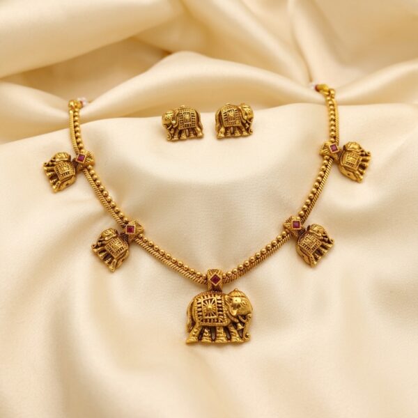 Antique Gold-Tone Elephant Motif Necklace Set with Coloured Stone Accents