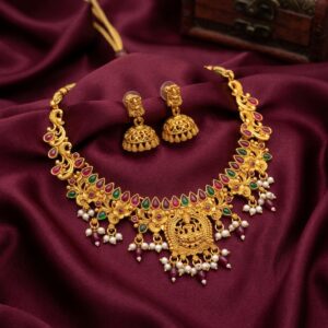 Antique Gold-Tone Floral Temple Necklace Set with Lakshmi Pendant & Pearl Drops