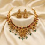 Antique Gold-Tone Floral Temple Necklace Set with Lakshmi Pendant & Pearl Drops