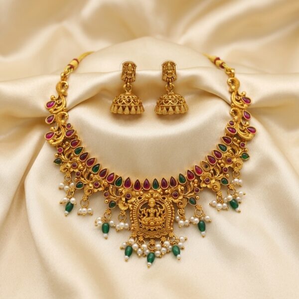 Antique Gold-Tone Floral Temple Necklace Set with Lakshmi Pendant & Pearl Drops