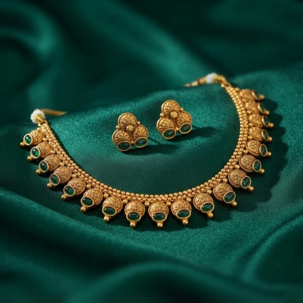 Antique gold-tone necklace with emerald-style kemp stone medallions and matching earrings