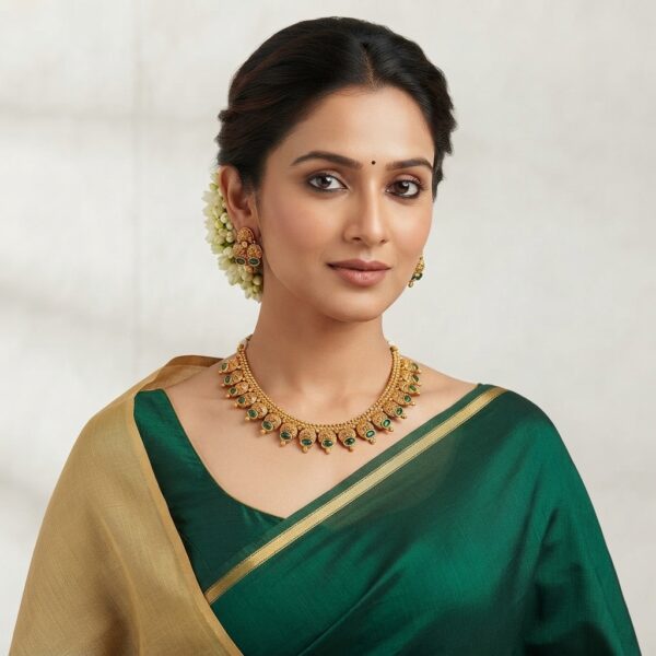 Antique gold-tone necklace with emerald-style kemp stone medallions and matching earrings