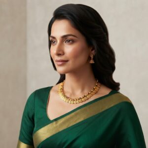Antique gold-tone coin necklace with kemp-style stone accents and matching jhumka earrings