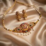 Antique Gold-Tone Meenakari-Style Lakshmi Pendant Necklace Set with Pearl Drops
