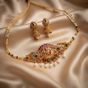 Antique Gold-Tone Meenakari-Style Lakshmi Pendant Necklace Set with Pearl Drops