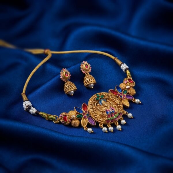 Antique Gold-Tone Meenakari-Style Lakshmi Pendant Necklace Set with Pearl Drops