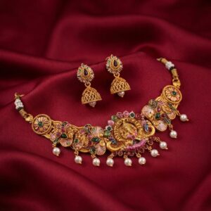 Antique Gold-Tone Meenakari-Style Lakshmi Pendant Necklace Set with Pearl Drops