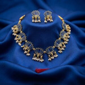 Gold-tone blue enamel lotus necklace set with pearl drops – SunShoppers UK