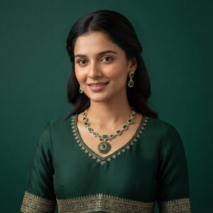 Gold-tone emerald-green stone necklace and earring set – SunShoppers UK