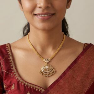 Gold-tone floral fan pendant necklace with white stone drop fringe – SunShoppers UK