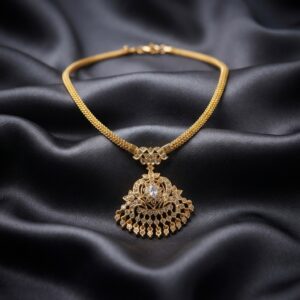 Gold-tone floral fan pendant necklace with white stone drop fringe – SunShoppers UK