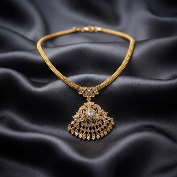 Gold-tone floral fan pendant necklace with white stone drop fringe – SunShoppers UK