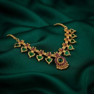 Gold-tone green enamel leaf motif necklace with pink stone detailing – SunShoppers UK