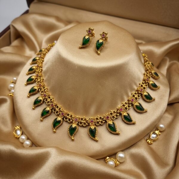 Gold-tone green enamel mango leaf necklace set with earrings – SunShoppers UK