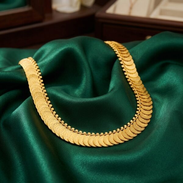 Gold-tone single row Kasu coin necklace on display bust – SunShoppers UK