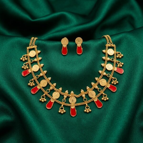 Gold-tone layered coin necklace set with red drop accents – SunShoppers UK