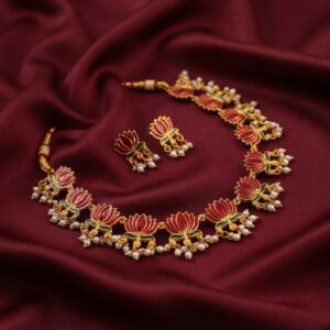 Gold-tone lotus motif enamel necklace set with pearl drops – SunShoppers UK