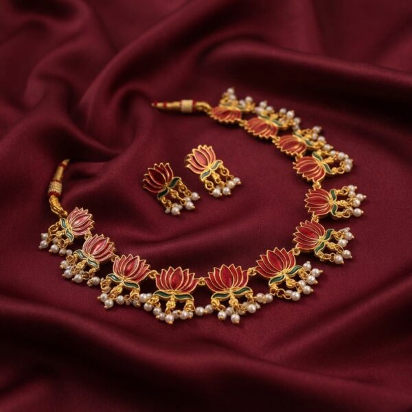 Gold-tone lotus motif enamel necklace set with pearl drops – SunShoppers UK