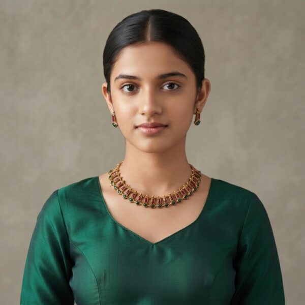 Gold-Tone Ruby-Red & Emerald-Green Stone Choker Necklace Set with Earrings