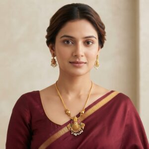 Gold-tone temple deity pendant necklace with pearl-style drop earrings – SunShoppers UK