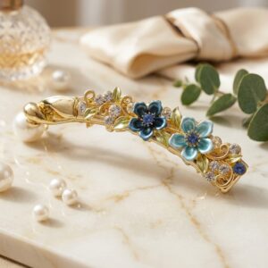 Blue enamel floral barrette hair clip with crystal detailing