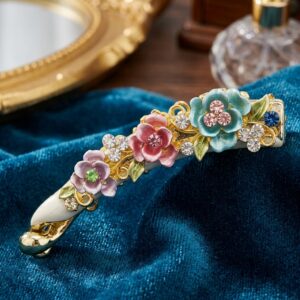 Mixed colour enamel floral barrette hair clip on blue velvet