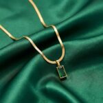Gold-Tone Herringbone Chain Necklace with Green Crystal Pendant