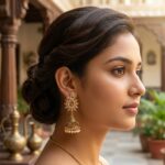 Beige and pearl-effect antique gold jhumka earrings