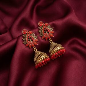 Red antique gold jhumka earrings