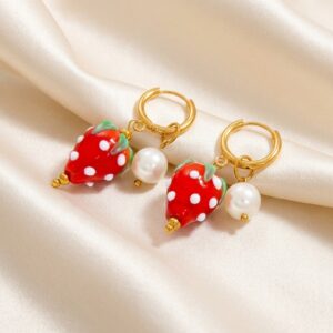 Strawberry and pearl bead drop gold hoop earrings