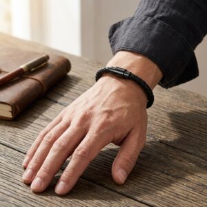 Black braided leather bracelet for men with magnetic stainless steel clasp