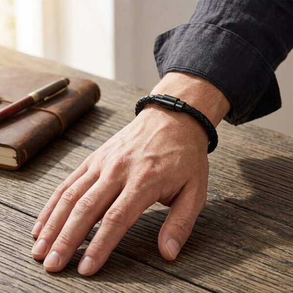 Black braided leather bracelet for men with magnetic stainless steel clasp