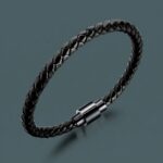 Black braided leather bracelet for men with magnetic stainless steel clasp