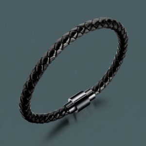 Black braided leather bracelet for men with magnetic stainless steel clasp