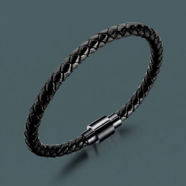 Black braided leather bracelet for men with magnetic stainless steel clasp