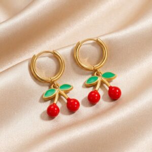 Cherry charm gold hoop earrings with green enamel leaves