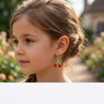 Cherry charm gold hoop earrings with green enamel leaves