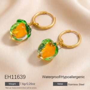 Orange mango charm gold hoop earrings, waterproof stainless steel